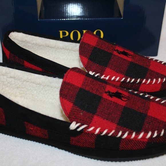 POLO RALPH LAUREN MEN'S PLAID SLIPPERS RED BLACK - Picture 2 of 6